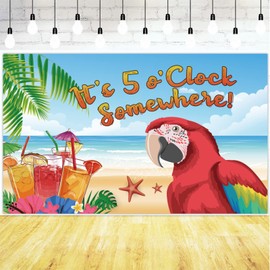 BACTIM It's 5 O'clock Somewhere Backdrop Parrot Pattern Summer Tropical Sea Beach Photo Booth Background Banner for Luau Hawaiian Aloha Party Decoration Supplies, 71 x 43 Inch