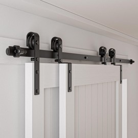 4-14FT Bypass Sliding Barn Door Hardware Kit Single Track System Carbon Steel Basic Roller Hanger Easy to Install Fit Double 60" Wide Doors Panels (10ft Single Track Bypass)