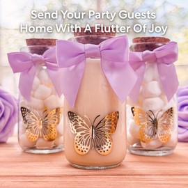 Ethisa 12 Pack Butterfly Party Favor Glass Bottles with Ribbons and Stickers - Vintage Baby Shower and Birthday Favors for Guests and Table Centerpieces Decorations - Sturdy Purple Theme Candy Jar