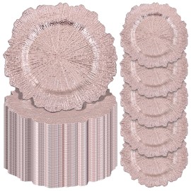 50Pcs Rose Gold Charger Plates Round 13inch, Reef Plate Chargers for Dinner, Bulk Plastic Floral Table Plates for Dinner Wedding Party Event Table Setting Decoration(Rose Gold)