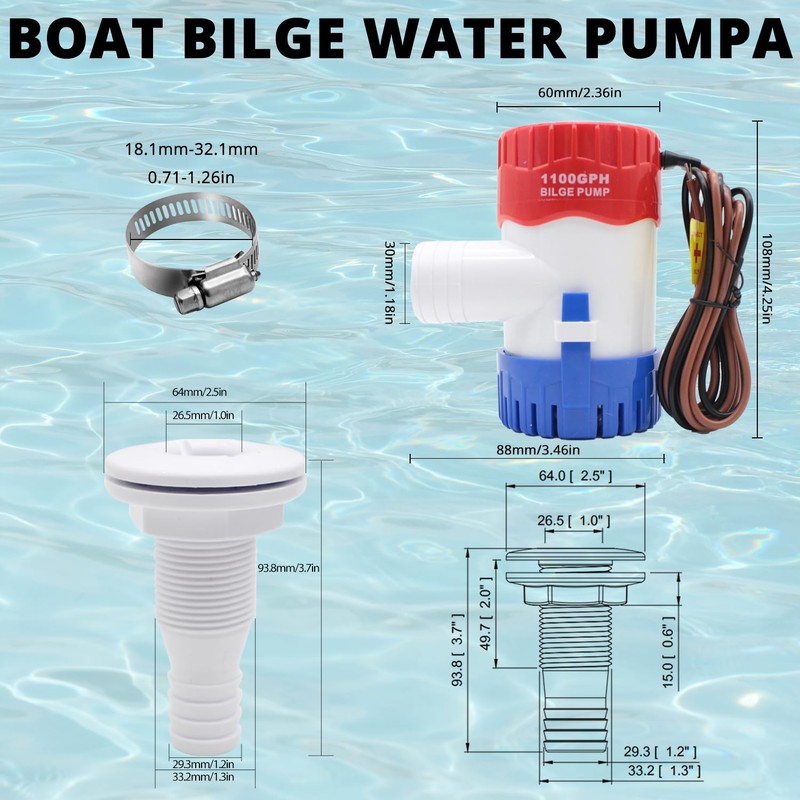 CREATORELE 12v Bilge Pump 1100GPH Non-Automatic And a 1-1/8 Inch
