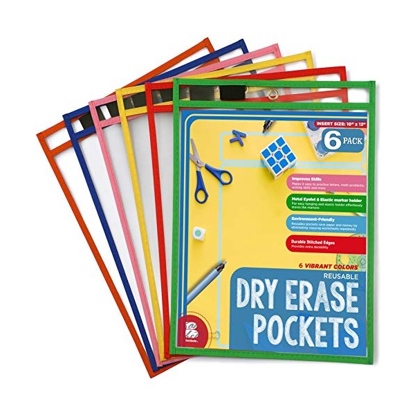 BONBELA Dry Erase Pockets - 6 Pack EASYWipeXL Heavy Duty Sheet Protectors Quickly Wipe to a Flawless Clean - Save a Bundle on 10 x 13 Reusable Dry Erase Pocket Sleeves for Work & School Worksheets