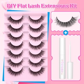 Wiwoseo Natural Wispy Fluffy Cat Eyes Mink Lashes With Glue Kit - Clear Band Russian Strip Eyelashes - Natural Look False Eyelash Extension - D Curly 7 Pairs Pack