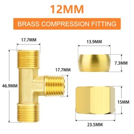 GASHER 2PCS Brass Compression Tube Pipe Fitting Connector, Tee，12mm x 12mm x 12mm Tube OD Connector