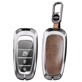ontto Metal Leather Car Key fob Cover fit for Hyundai Tucson IONIQ 5 Santa Fe Nexo Sonata Palisade Santa Cruz 2021-2024 Key Holder case 3/4/5/6/7/8 buttons keyring Shell keychain accessories Brown 1