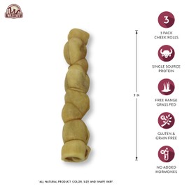 Wild Eats 9" Cheek Roll Long Lasting Dog Chews 3 Pack Water Buffalo Treats, Bones for for Large Dogs Substitute for Pig Ears for Dogs