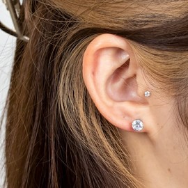 HSP Round Stud Earrings, Surgical Stainless Steel, Hypoallergenic, Simple, Cubic Zirconia, 1 Pair for Both Ears, For Men/Women, Crystal