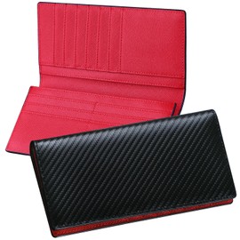 GS 22045 Men's Bi-Fold Wallet, Long Wallet, Leather, Genuine Leather, Large Capacity, Thin, Coin Purse, Simple, Men's, Stylish, Father's Day, Gift, Black + Red (Carbon Leather) 22045
