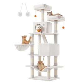 Feandrea Cat Tree, 66.1-Inch Large Cat Tower with 13 Scratching Posts, 2 Perches, 2 Caves, Basket, Hammock, Pompoms, Multi-Level Plush Cat Condo for Indoor Cats, Cream White UPCT165T01