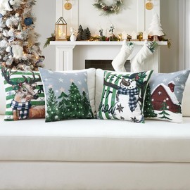OTOSTAR Set of 4 Grey Christmas Throw Pillow Covers 18x18 Inch Winter Xmas Decorative Pillow Case Cover for Sofa Living Room Holiday Decor (Green- Snowman and Elk)