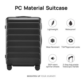 NINETYGO 24 Inch Luggage with Spinner Wheels, Checked Luggage, Large Luggage for 5-7 Days Travel, 100% Hardshell PC, TSA Lock, 25.9 X 17.9 X 10.0 (Black, Rhine)