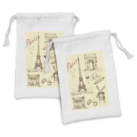 Lunarable Eiffel Tower Fabric Pouch Set of 2, Eiffel Tower Illustration Coffee Wine Glass Bread Monochrome Building Facade, Small Drawstring Bag for Toiletries Masks and Favors, 9" x 6", Sepia Tan