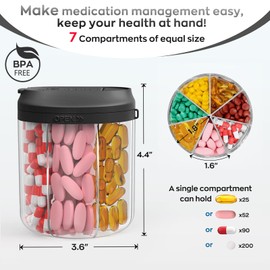 Hionxmga Pill Dispenser with 7 Large Compartments, Pill Organizer for Travel, Supplement Organizer with Anti-Mixing Design, BPA-Free Pill Container with 20 Pcs Labels, Black+ Beige