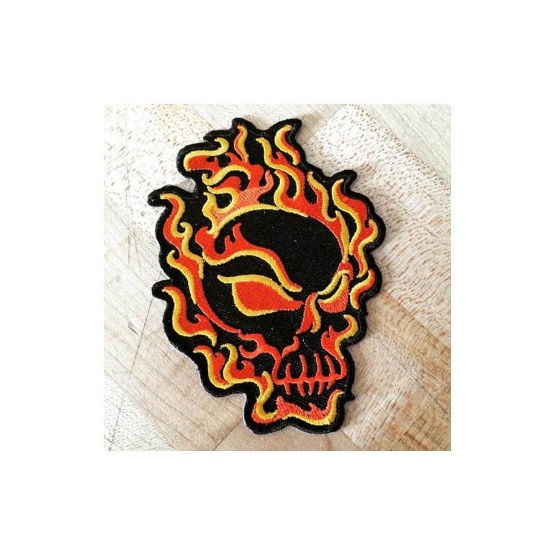 Flaming Skull Embroidered Patch Fire Skeleton Iron-On Evil Biker Emblem