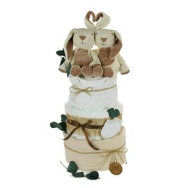 Windeltorte für Zwillinge neutral | 2 x KUSCHELHASE | personalisierbar, creme/natur (4-stöckig, unbedruckt)