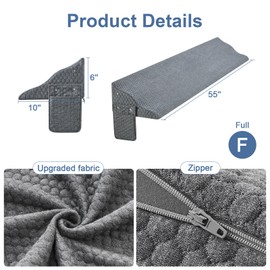 Yojoker Full Size Bed Wedge Pillow for Headboard Gap, Wedge Pillow Headboard with Side Pockets and Wave Contour, High-Density Foam Bed Gap Filler (0-6"), 55x10x6 Inch, Gray