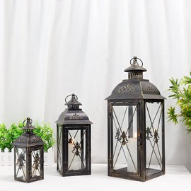 TRIROCKS Set of 3 Decorative Candle Lantern 19''&13"&10" H Vintage Metal Candle Holder with Tempered Glass Perfect for Garden Yard Patio Wedding Parties Events Indoors Outdoors (Black)