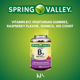Spring Valley, Vitamin B12, Vitamin B12 Gummies, Vegetarian Gummies, Raspberry Flavor, 500mcg, 100 Count