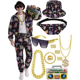 VillbeCoser 80s 90s Outfit for Men Tracksuit Costume, Hip Hop Hat Fanny Pack Ring Bracelet Gold Chain Rapper made in China