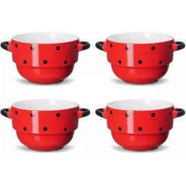 ECODECO Soup Bowls with Handles - Ceramic - Polka Dot Red - 16 Ounce - Set of 4