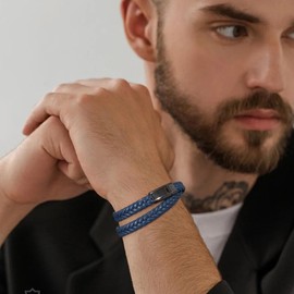 CyxenNova Men's Leather Bracelet, Men's Bracelets for Men, Braided Bracelet, Magnetic Closure, Jewellery Gifts for Men, Dad, Boyfriend, Husband, Brother (Blue), Leather