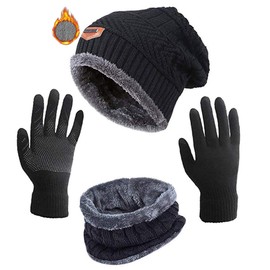 ASYBHYY Hat Scarf and Glove Winter Warm 3 in 1 Set, Knitted Beanie Cap Circle Scarf and Non-Slip Touchscreen Gloves Fleece Lining Soft Stretch for Men or Women (Black)
