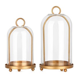 Vintage Brass Metal Candle Lantern with Thick Glass Dome – Set of 2 Shabby Chic Style Candle Holders (5.25"x10" & 4.5"x7.87") – Hanging or Tabletop Decor for Pillar Candles, Plants
