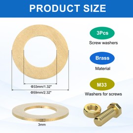 MECCANIXITY 3 Pack Brass Flat Washer, M33 Copper Washers Crush Washer Kit Assortment, 33mm ID, 59mm OD, 3mm Thick for Bolts Screws Machinery Repair, Outdoor Construction