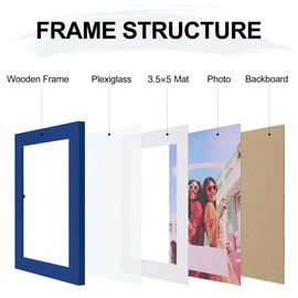 Vittanly 4x6 Picture Frame, Engineered Wood with Shatter Resistant Plexiglass, Display Pictures 3.5x5 with Mat or 4x6 without Mat, Photo Frame for Wall or Table Top Display, Blue, 1 Pack