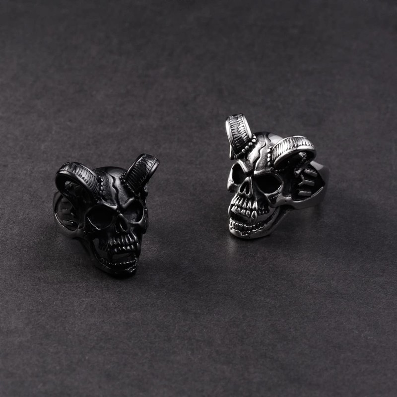 Men's Horn Goat Skull Ring Silver Stainless Steel Statement Ring