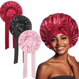 TYXHXTF 3 Pcs Satin Bonnet, Silk Hair Wrap for Sleeping, Hair Bonnet for Sleeping, Night Hair Sleeping Cap, with Tie Band, for Women Long, Straight and Curly Hair Red