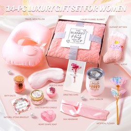 Birthday Gifts for Women, Self Care Gifts for Women Get Well Soon Gifts Basket, Rose Relaxing Spa Gifts Basket Care Package w/Luxury Blanket Christmas Unique Gifts for Women, Mom, Her, Friends,Sister