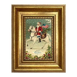 Schooner Bay Co. Framed Christmas Holiday Print Santa Claus with American Flag Wall Art Decor 7-1/2 x 9-1/2 (Gold Frame)