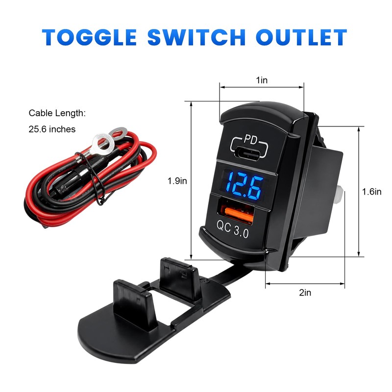 Car Rocker Switch Outlet with LED Voltmeter (USB+PD)