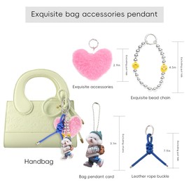 XIXIAOYAN Pink Heart Pom Pom Keychain for Women - 4-Piece Plush Bag Charm Set with Silver Beads, Blue PU Leather Strap & Shih Tzu Dog Tag | Cute Purse Charms for Handbags, Backpacks & Car Keys