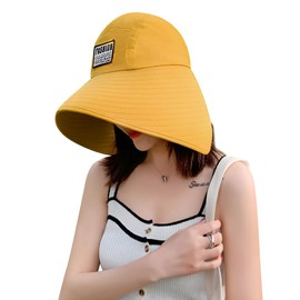 haozaikeji Women Wide Brim Visor Hat UV Protection Sun Hat Beach Shawl Cap Foldable Fishing Camping Cap with Ponytail Hole Yellow