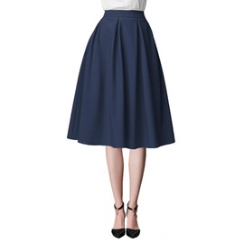 Urban CoCo Women's Flared A line Skirt Pleated Midi Skirt with Pockets (XL, Navy Blue)