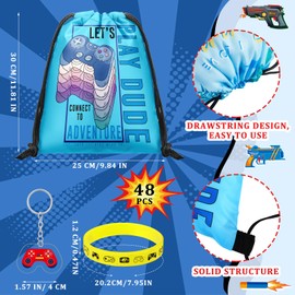 Talltalk 48 Pcs Video Game Party Supplies Blue Black Video Game Party Favor for Boys Includes 16 Video Game Drawstring Bags 16 Video Game Wristband Rubber Bracelet 16 Keychain for Video Game Party