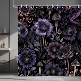 Moonslim Purple Floral Gothic Shower Curtain, Black Dark Flower Mushroom Botanical Leaves Aesthetic Bathroom Decor, Waterproof Fabric Curtain with 12 Hooks, 72x72 Inch