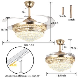 Panghuhu88 42" Invisible Ceiling Fan Chandelier with Light,Modern Crystal Ceiling Fan Light Remote Control 4 Retractable ABS Blades for Bedroom Living Dining Room Decoration (Golden)