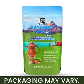 FOUZEE Pure Kashmiri Kahwa Loose Leaf Tea — Herbal Green Tea Leaves w/Almonds, Saffron, Cinnamon, Cardamon, Cashews, Pistachios, Cloves & Dried Rose Petals for Immunity & Smooth Skin — 3.53oz, 100g