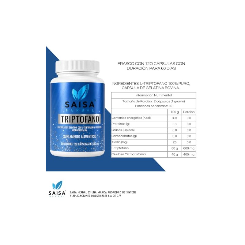 Triptófano 120 Cápsulas Saisa Herbal Sueño Ánimo Estrés Suplemento Natural
