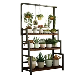 AngelcityCC 3 Tier Hanging Plant Stand Ladder Plant Shelf Tall Plant Stand Outdoor Indoor Steel-Wood Plant Shelves Metal Frame Suitable for Terrace Garden Corner Balcony Living Room