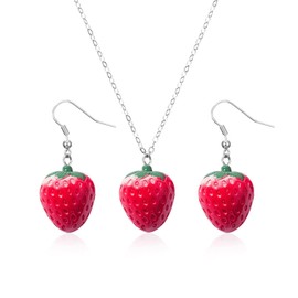 Strawberry Necklace and Earrings Set，3D Simulated Red Strawberry Necklace Strawberry Earrings Sets for Women (Red)