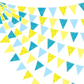 32Ft Cartoon Sponge Party Decorations Yellow Blue Flowers and Bubble Printed Triangle Flag Pennant Banner Fabric Garland Streamer for Kids Sponge Birthday Crtoon Baby Shower Party Decor