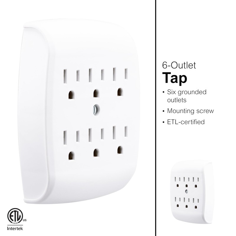 GE 6-Outlet Extender Wall Tap, Grounded Adapter, Outlet Splitter, Charging