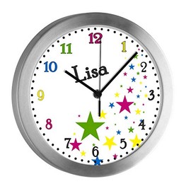 CreaDesign Children's Radio-Controlled Wall Clock with Name, Children's Room Radio-Controlled Clock, with Analogue Dial, Low Noise, Children's Wall Clock, Stars Motif