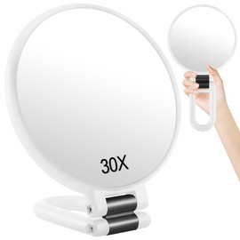 ALHAKIN 30X Magnifying Mirror, Travel Hand Mirrors with Handle, Double Sided Handheld Mirror with 30X/1X Magnification & Foldable Handle, Portable Small Makeup Mirror for Desk, White