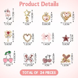 Vicloon 24 Pieces Nail Charms, Y2k Alloy Nail Art Rhinestone Charms, 3D Charm Nails, 3D Heart Star, Bow with Rhinestones, Nail Art, Rhinestone Charm, for DIY Nail Art Design