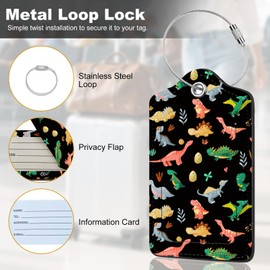 2Pack Luggage Tags for Suitcases, Cute Unique Pu Leather Cruise Luggage Tag with Privacy Cover ID Label Address Card and Metal Ring Suitable for Women Men Kids Travel Bag Dinosaurs and Plants